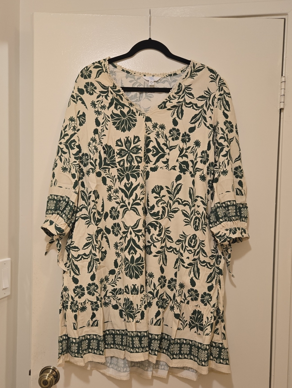 Cream Tunic Dress with Green Floral Print W/ Pocets